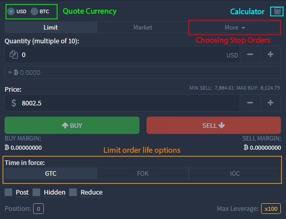 Deribit.com Futures Order form