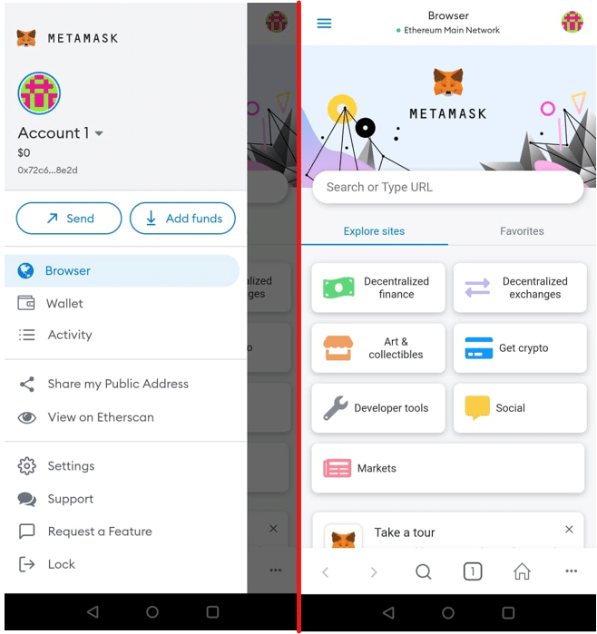 Left- Drop Down Menu of MetaMask App Right- MetaMask Browser