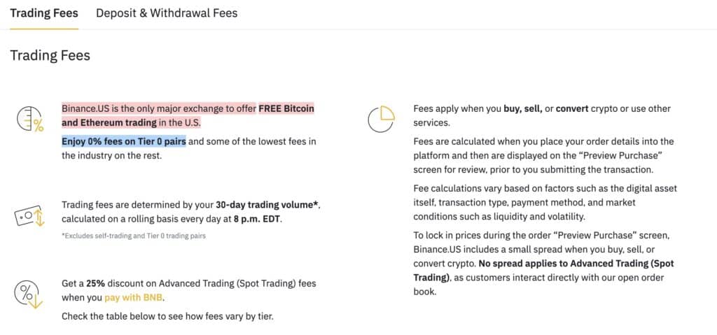 Binance US fees